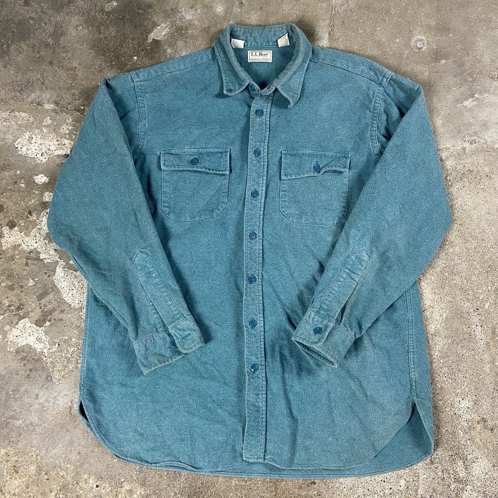 Vintage 80s L.L.Bean Button-Up Shirt Size XLT Teal Chamois‎ Cloth Long Sleeve